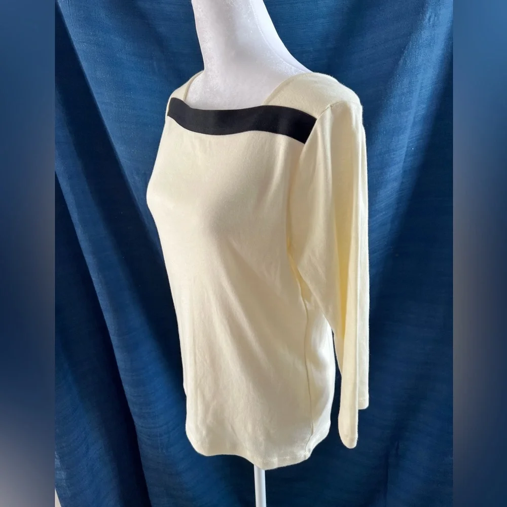 NWT Lauren Ralph Lauren | Cream 3/4 Sleeve Top Black Stripe Neckline Size Med - Picture 7 of 9